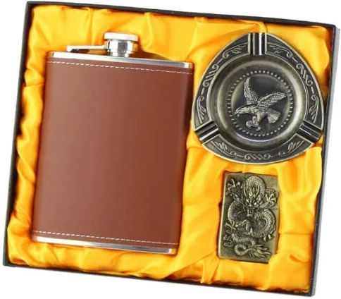 Set Kit de Călătorie pentru Bărbați Cutie Cadou Flask Scrumiere Brichetă Metalică Vintage Bronz