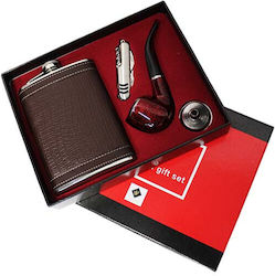 Vlv Men's Gift Set 4 Pieces Flask Pipe Funnel Pocket Knife Brown