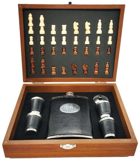 Set Giftsdrink Men Box Piesă de Șah Ploscă 4 Pahare Acoperite cu Piele Ecologică Negre
