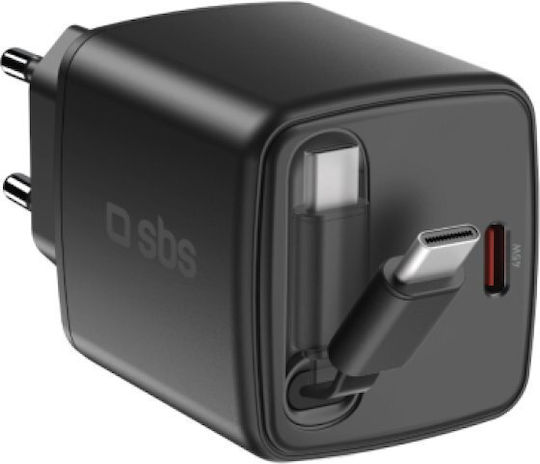 SBS Зарядно с вграден кабел GaN с USB-C порт USB-C 65W Power Delivery Черен (TETRRET65WK)
