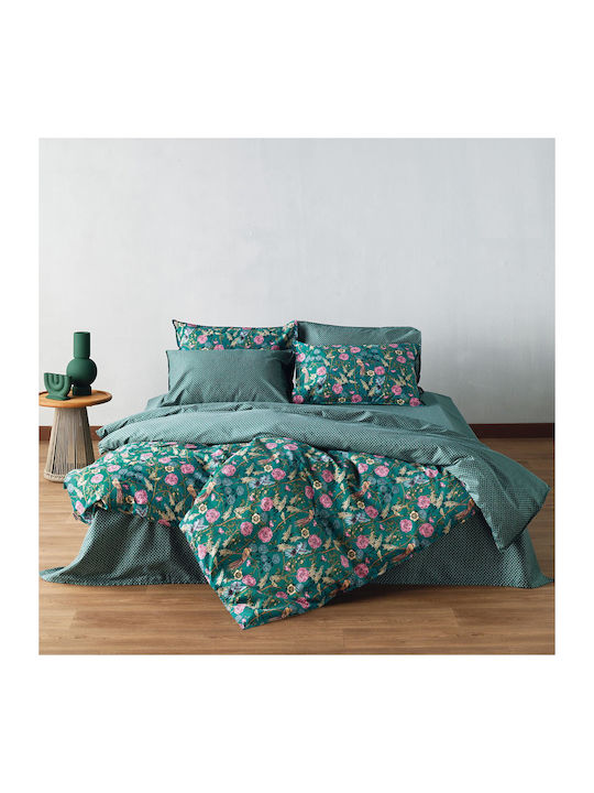 Kentia Duvet Cover Set Cotton Queen with 2 Pillowcases 220x240 Aperry Emerald Green - Pink - Warm Yellow