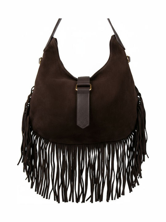 Leather Women's Hobo Bag Suede with Fringes Dark Brown