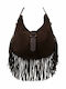 Leather Women's Hobo Bag Suede with Fringes Dark Brown