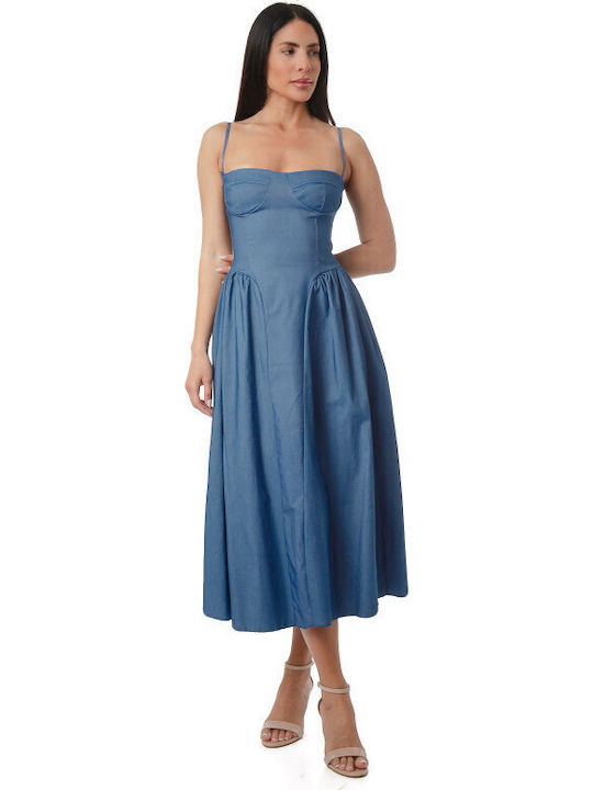 Silia D Sommer Midi Damenkleid Blau mit Raffung