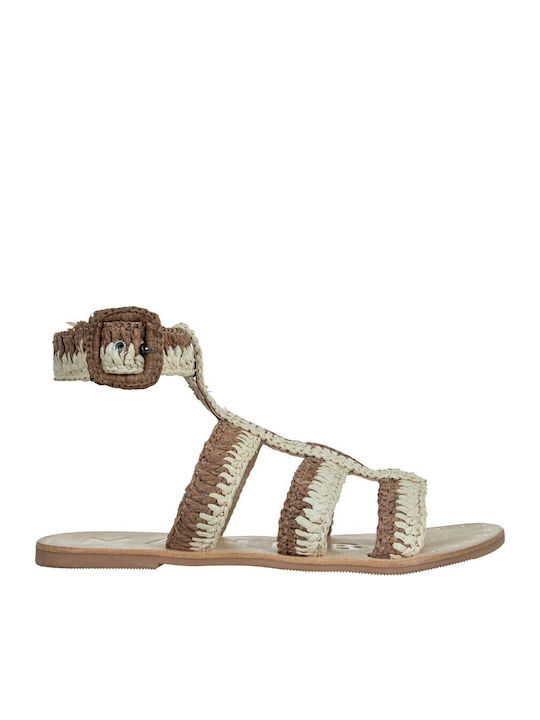Leather Women's Flat Sandals Gladiator in Beige Color