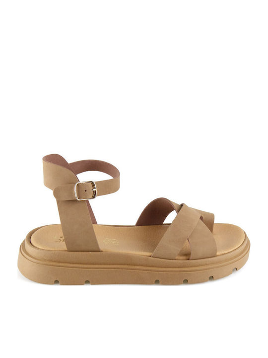 Δερμάτινα Γυναικεία Σανδάλια Flatforms Καφέ
