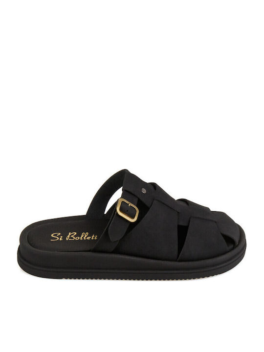 Δερμάτινα Γυναικεία Σανδάλια Flatforms Μαύρα