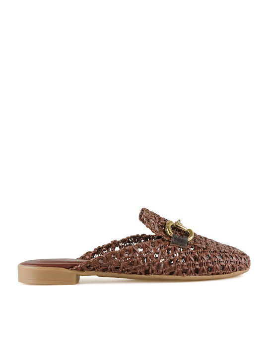 Leather Mules with Heel in Brown Color