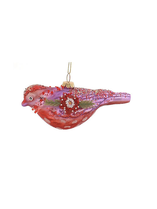 Christmas Glass Birdie Pink Beaded Ornament 6 c...