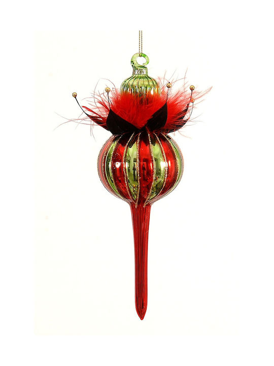 Christmas Tree Glass Drop Ornament Green Red Feather 25cm