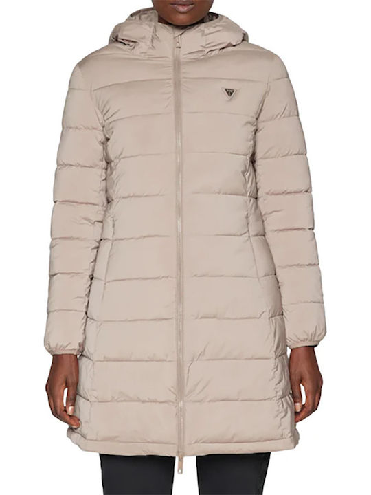 New Aleta Women's Long Puffer Jacket Double Sided for Winter with Hood Beige