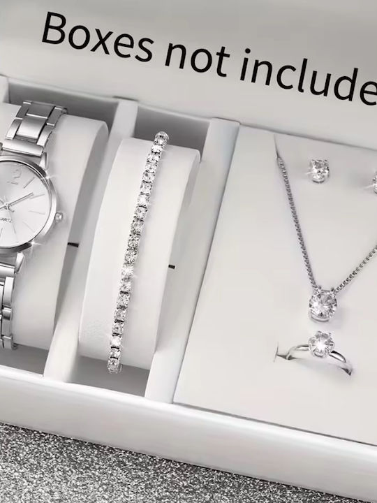 Set Bracelet Set Womens Battery Watch with Silver Steel Bracelet