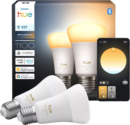 Philips Smart Bulbs LED 8.1W for Socket E27 and Shape A60 Warm White 1100lm Dimmable 2pcs
