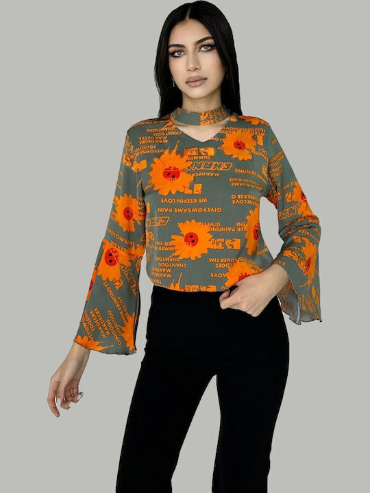Bluza Damă De Vară Mânecă Lungă Cu Decolteu Tip Zâmbet Floral Portocaliu