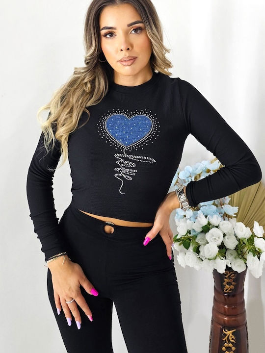 Bluza Damă Crop Top Bumbac Mânecă Lungă Cu Dungi Neagră