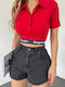 Bluza Damă Crop Top Mâneci Scurte Cu Dungi Roșie