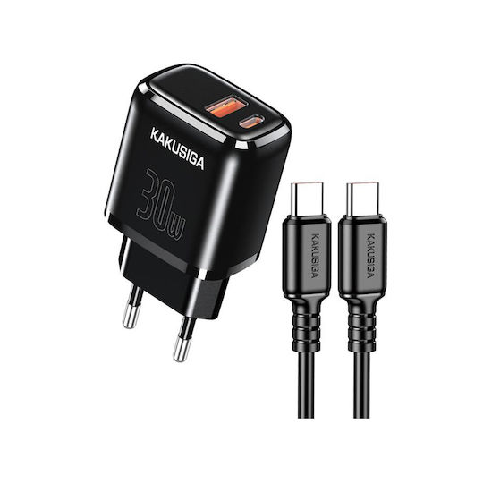 Kakusiga Φορτιστής με Θύρα USB-A και Θύρα USB-C και Καλώδιο USB-C - USB-C 30W Μαύρος (KSC-1642)