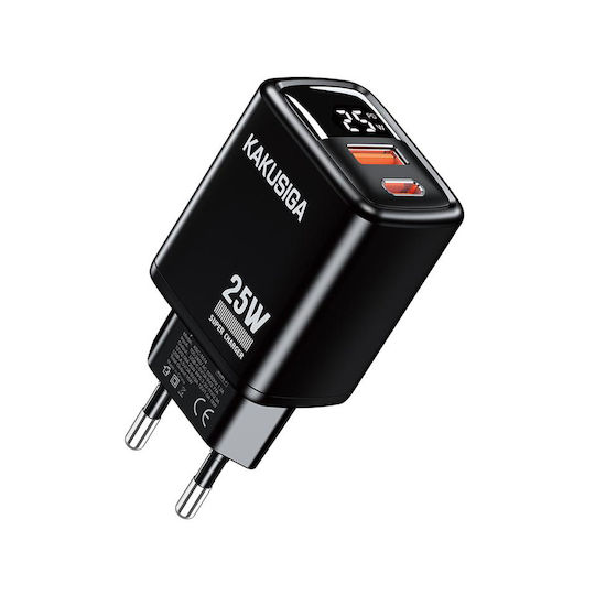 Kakusiga Φορτιστής Χωρίς Καλώδιο με Θύρα USB-A και Θύρα USB-C 25W Μαύρος (KSC-1614)