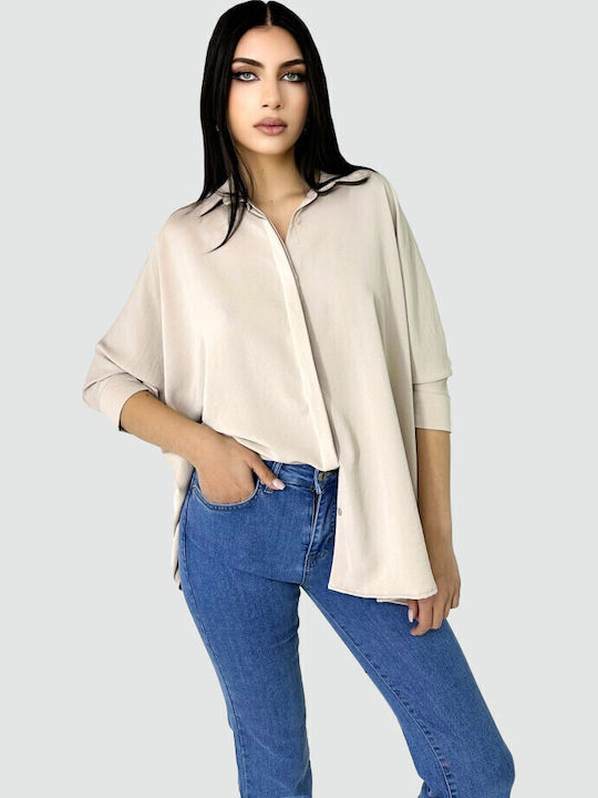 Langärmelig Damen Hemd Cream Monochrom