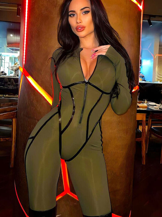 Women's Leather Long Sleeve One-piece Jumpsuit Khaki