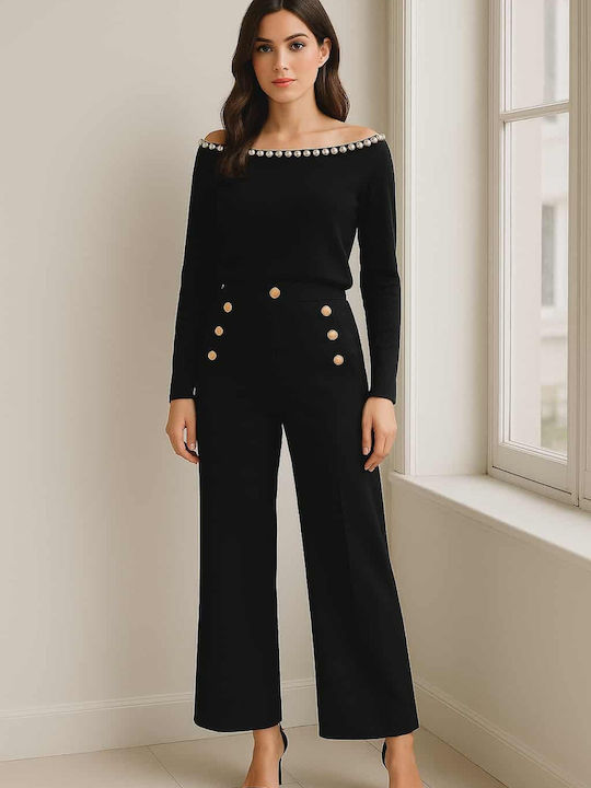 Women's High-waisted Fabric Trousers in Loose Fit Black