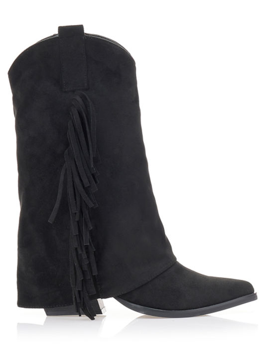 Suede Medium Heel Cowboy Boots with Zipper Black