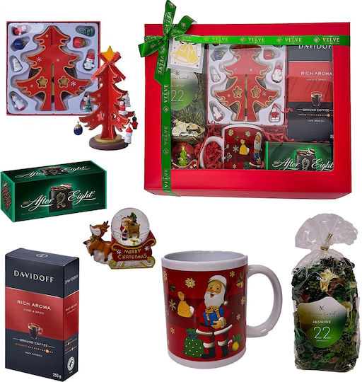 Pachet Secret Ornament Decorativ Din Lemn Brad Minge Cană 300ml Ciocolată Aftereight 250g Cafea Davidoff Flori Uscate Parfumate În Cutie Roșie