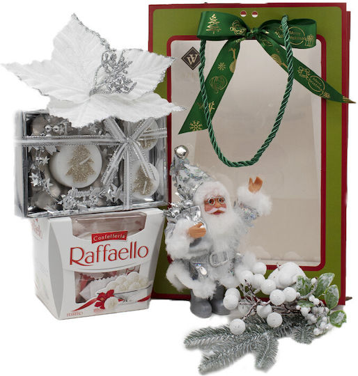 Set Cadou De Crăciun Merry Christmas Figurină Moș Crăciun Lumânare Decorativă Cutie Praline Raffaello 150g Ramură De Brad Clopoțel De Crăciun