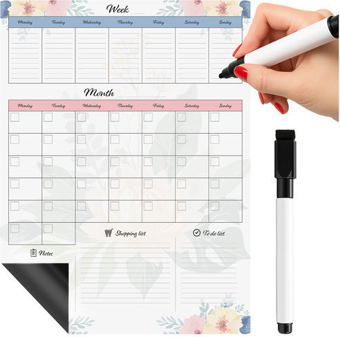 Planificator Magnetic Lunar Săptămânal Frigider Zola Listă de Cumpărături Listă de Sarcini Spațiu pentru Notițe 60 X 45 Cm Design Flori Pastelate