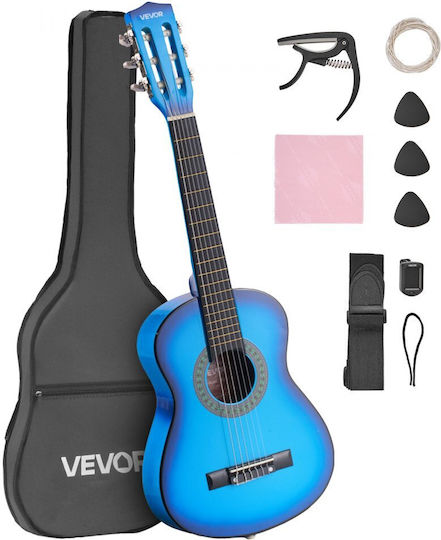 Vevor Classical Guitar 780 Mm Wooden Classical Guitar Starter Set Beginners Nylon Strings Carrying Case Strap Tuner Extra Strings Picks Capo Linden Wood Children Girls Boys Students Blue