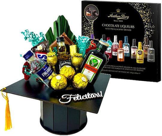 Cadou Bărbați Anthon Berg Praline 187g Cutie Mortar Neagră Selecție Dulciuri Set Mini Băuturi Frunză De Palmier Cu Vâsc