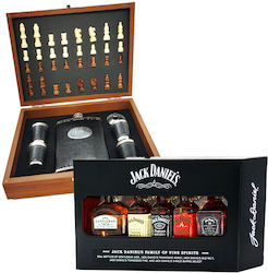 Givesdrink's Set Männer Bestehend Aus Auswahl Jack Daniel's Miniaturen-Set Eine Box Schachfiguren Eine Flasche 4 Gläser Eingewickelt In Schwarzes Kunstleder