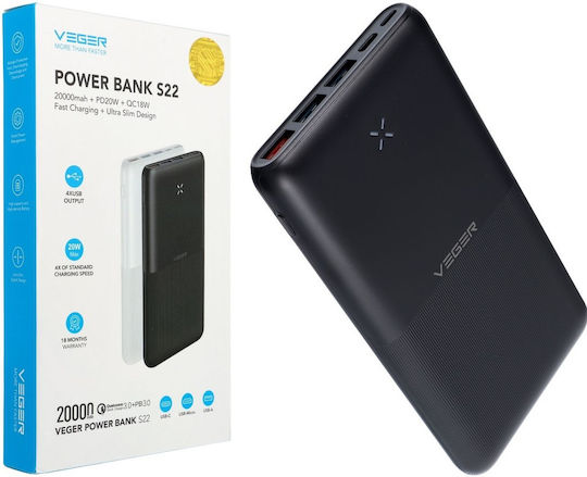 Veger S22 Power Bank 20000mAh 20W Power Delivery / Quick Charge 3.0 Μαύρο