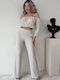 Women's Cream Set with Pants in Loose Fit Striped