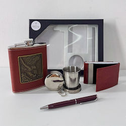Vlv Men's 4-piece Set Flask Foldable Metal Cup Wallet Metal Pen Burgundy