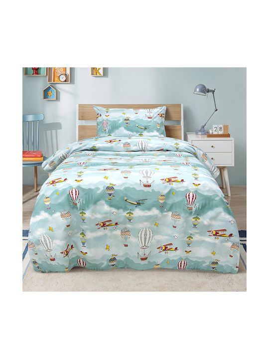 Lino Home Set Kinderbettbezug Einzel mit Kissenbezug Baumwolle Petrol 160x240cm