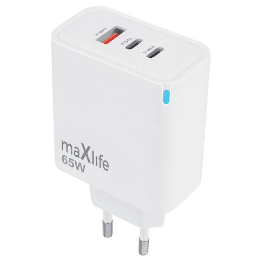 Maxlife Ladegerät ohne Kabel GaN mit USB-A Anschluss und 2 USB-C Anschlüsse 65W Stromlieferung Weißs (MXTC-09-65ACC)