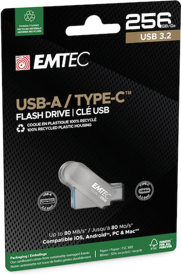 Emtec Dual D280 256GB USB 2.0 USB Stick with USB-A and USB-C Interface