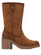 Synthetic Leather Medium Heel Women's Boots Brown