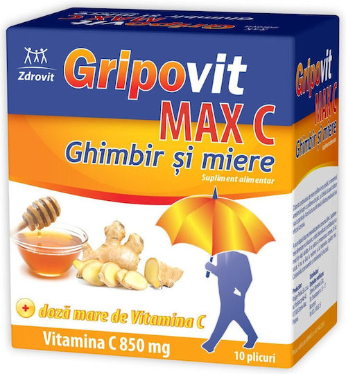 Zdrovit Gripovit MAX C 850mg Supliment pentru Întărirea Sistemului Imunitar 10 Plicuri Ghimbir