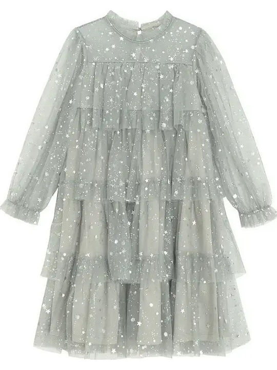 Rochie Fete Mânecă Lungă Din Tulle Set Cu Accesorii Gri