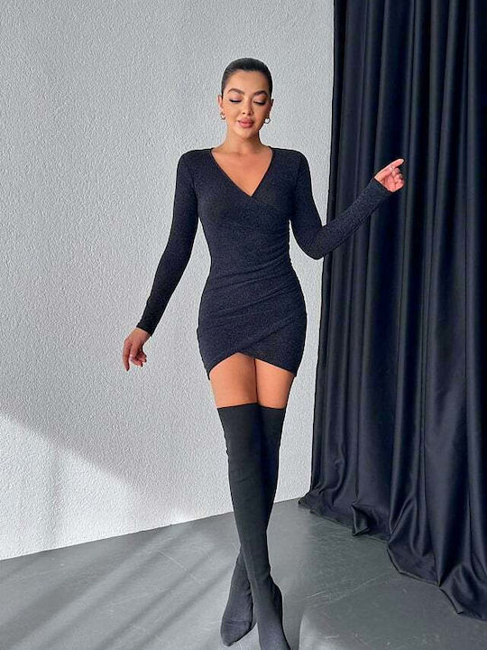 Mini Abendkleid Wickel mit Transparenz Schwarz
