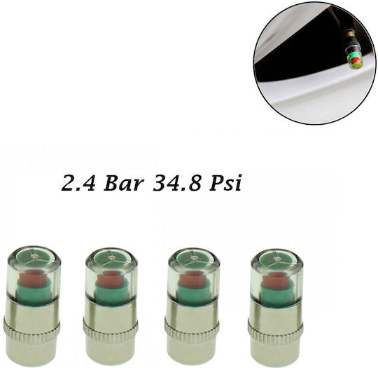 Капачки На Клапани На Гуми С Индикатор За Налягане 2.4 Bar 34.8 Psi Комплект От 4 Броя