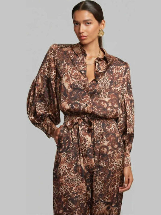 Women's Satin Long Sleeve Shirt Leopard with Gold Coins