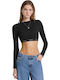 Bluza Damă Crop Top Bumbac Mânecă Lungă Negru