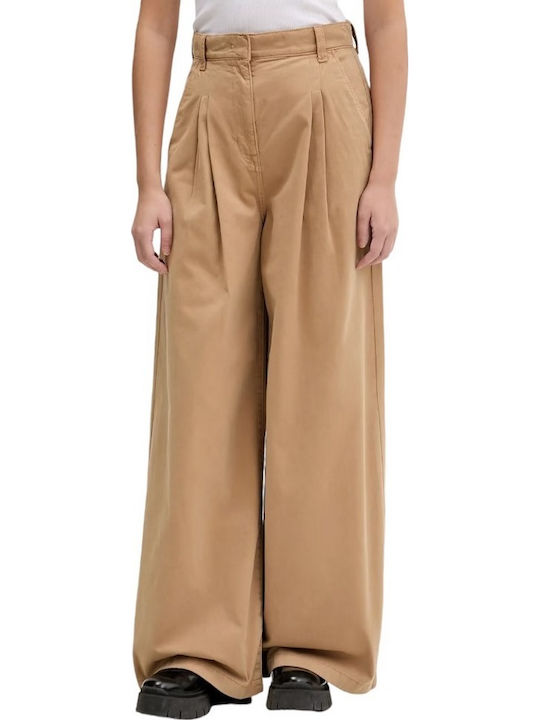 Pantaloni Largi Dama Din Bumbac Cămilă