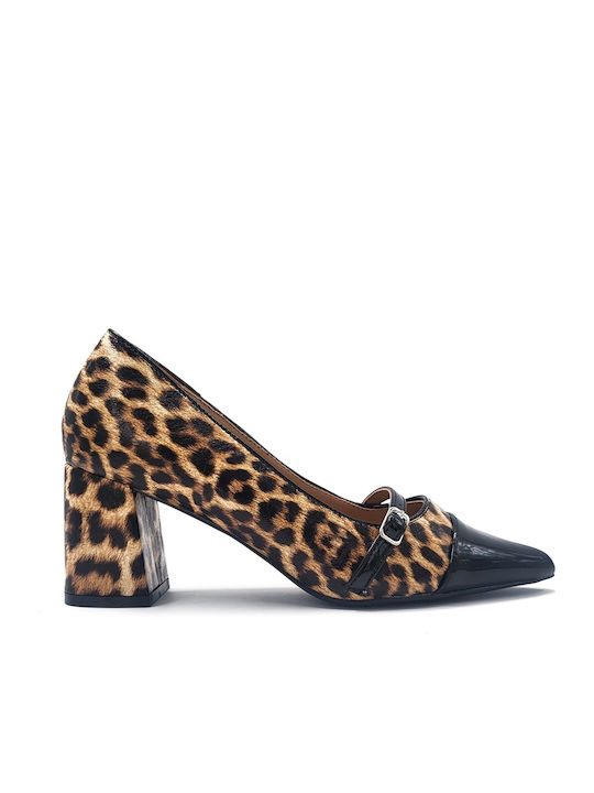 Plato Μυτερές Γόβες με Λουράκι Animal Print Καφέ