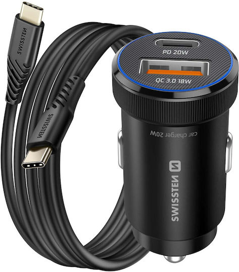 Swissten 20w USB-C USB-A Autoladegerät Für Smartphones 1m 60w USB-C Kabel Schwarz