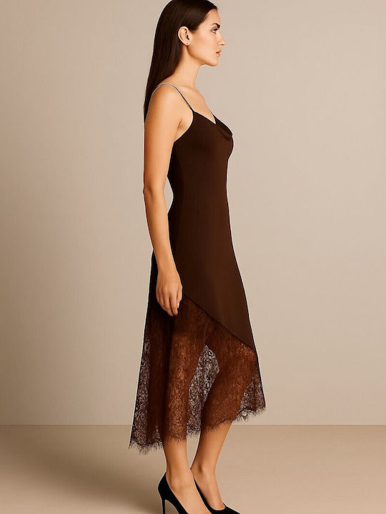 Summer Midi Evening Satin Dress with Lace Brown