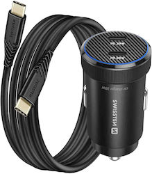 Swissten 20W PD 2-Port USB-C Car Charger Smartphones Tablets USB-C Cable Black